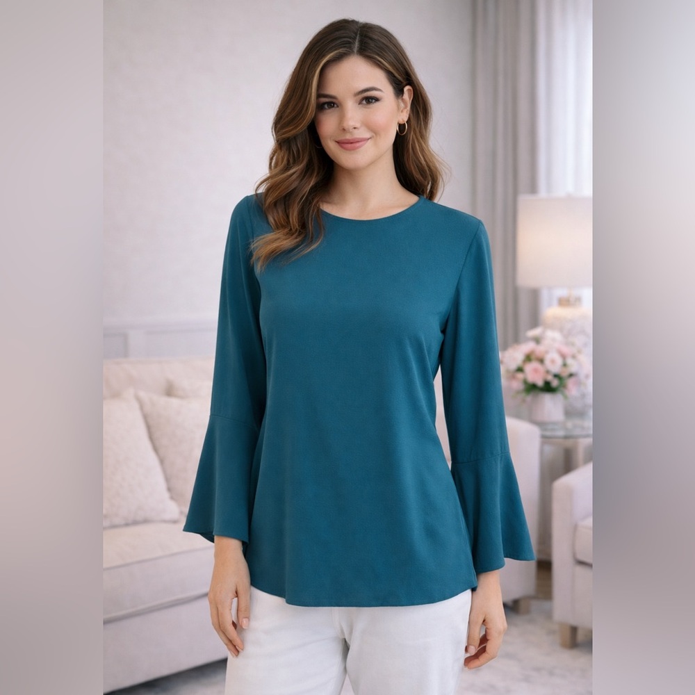Michael Kors Women’s Teal Bell Sleeve Blouse Back Keyhole Flowing Top Size M